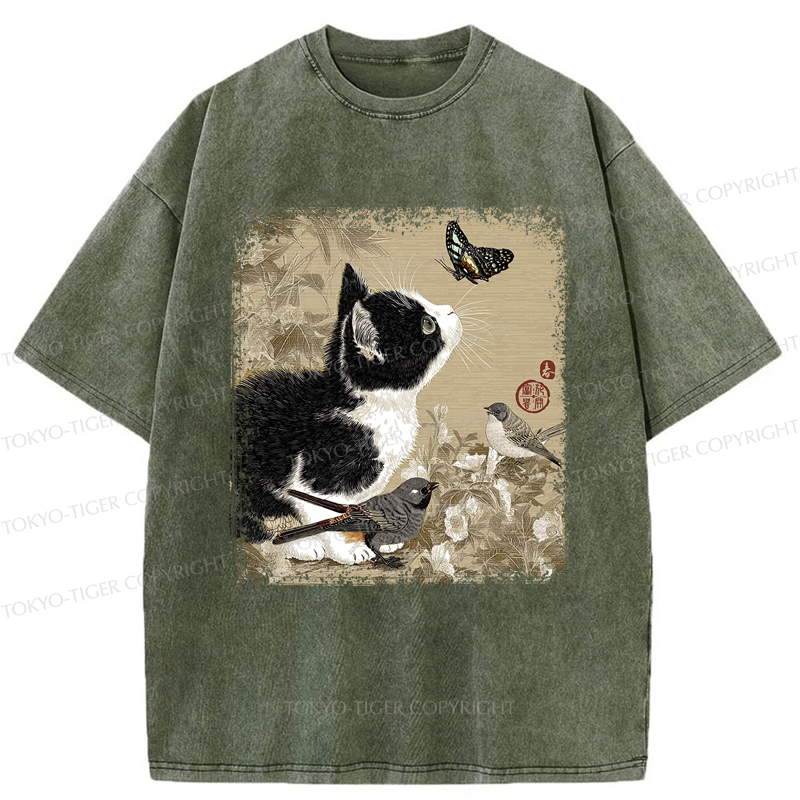 Tokyo-Tiger Cat and Butterfly: A Playful Encounter Washed T-Shirt
