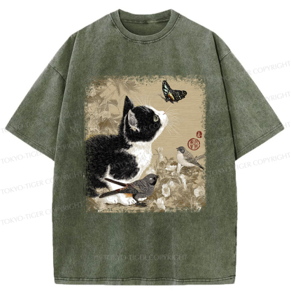 Tokyo-Tiger Cat and Butterfly: A Playful Encounter Washed T-Shirt
