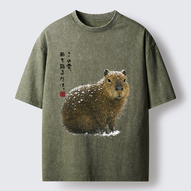 Tokyo-Tiger Snow Adorns Me: Capybara Serenity Washed T-Shirt