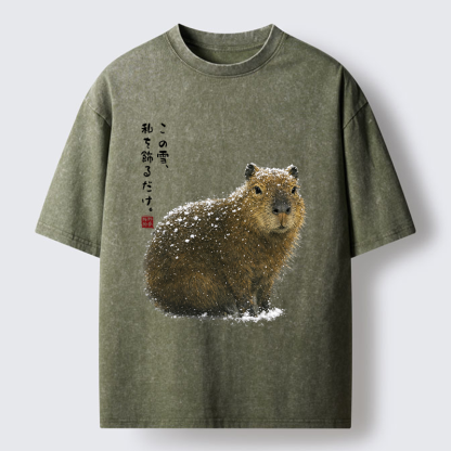 Tokyo-Tiger Snow Adorns Me: Capybara Serenity Washed T-Shirt