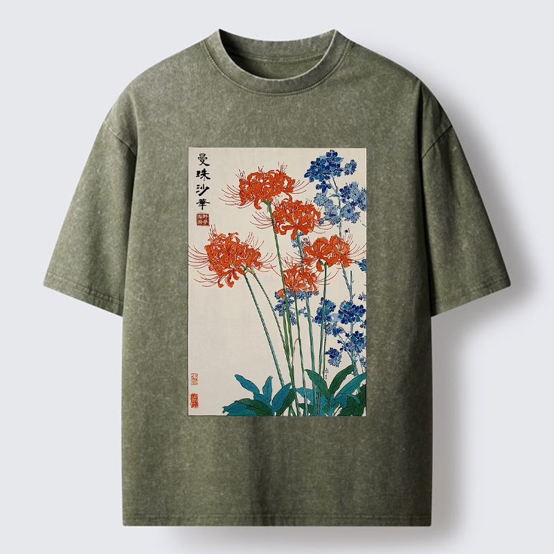 Tokyo-Tiger Red Spider Lily Bloom Washed T-Shirt
