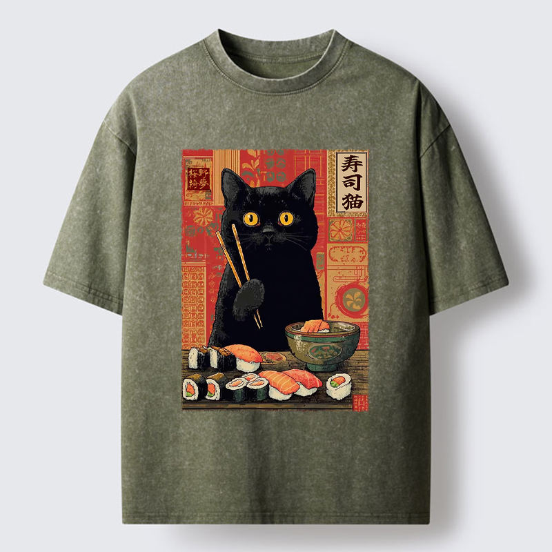 Tokyo-Tiger Neko Eats Sushi Washed T-Shirt