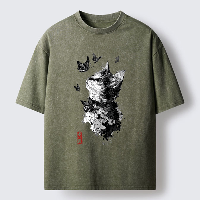 Tokyo-Tiger Butterfly and Cat Gaze Washed T-Shirt