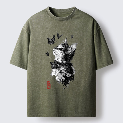 Tokyo-Tiger Butterfly and Cat Gaze Washed T-Shirt