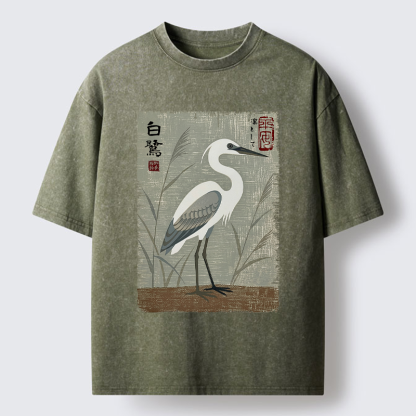 Tokyo-Tiger Graceful Egret Vintage Washed T-Shirt