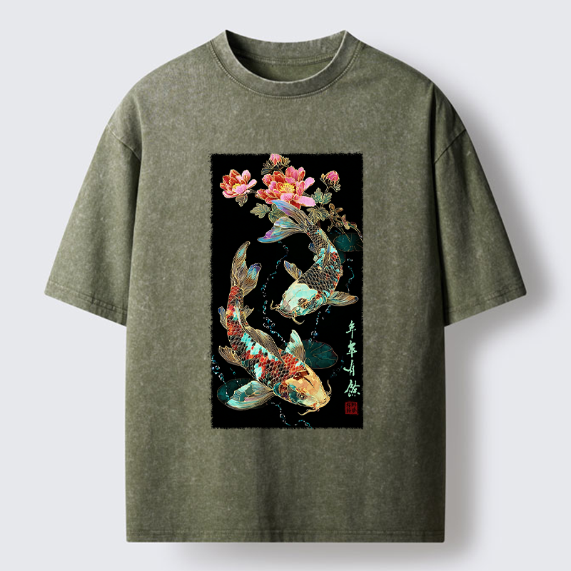Tokyo-Tiger Everlasting Abundance:Koi & Peony Washed T-Shirt