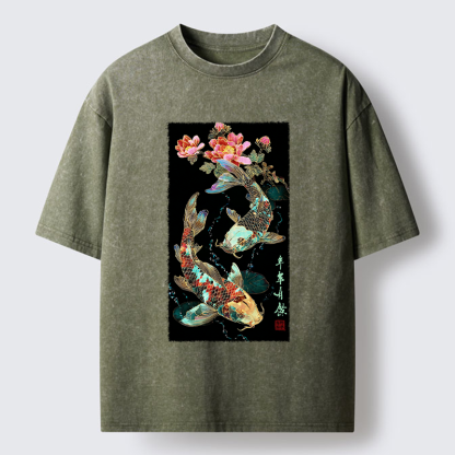 Tokyo-Tiger Everlasting Abundance:Koi & Peony Washed T-Shirt