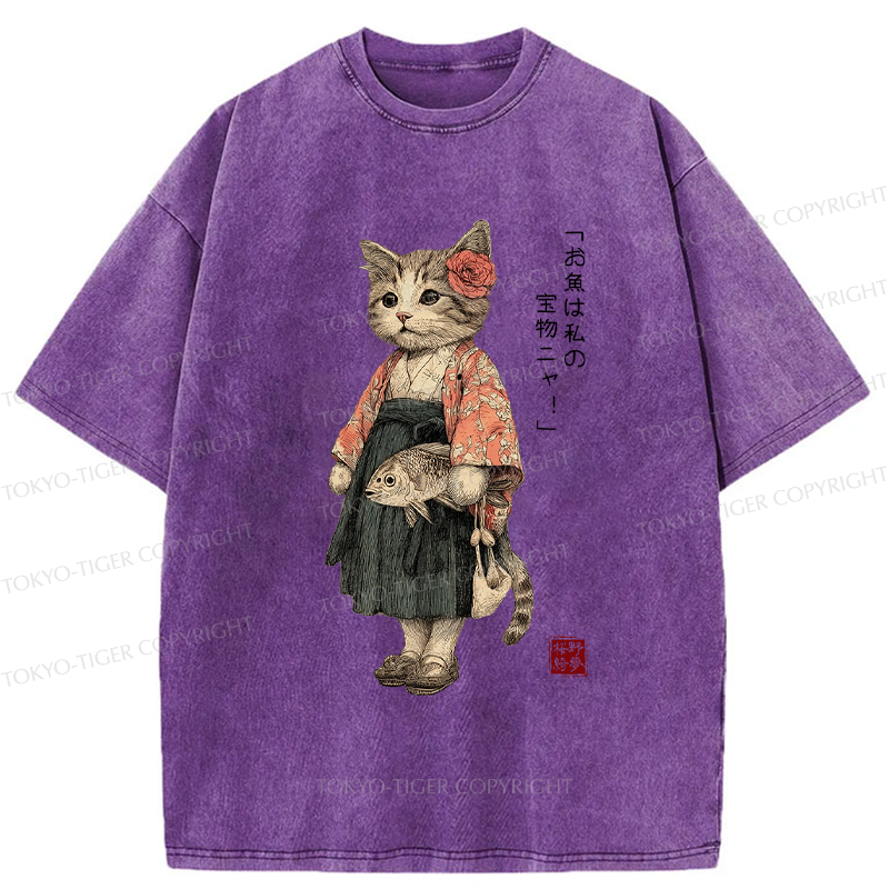 Tokyo-Tiger Cat Princess With Her Treasure Washed T-Shirt