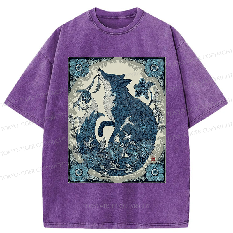 Tokyo-Tiger Floral Fox Aesthetic Washed T-Shirt