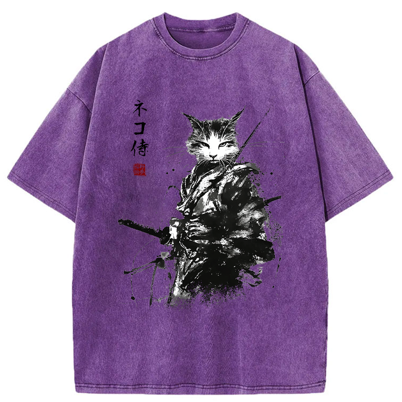 Tokyo-Tiger Inkblade Samurai Cat Washed T-Shirt