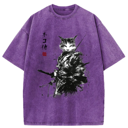 Tokyo-Tiger Inkblade Samurai Cat Washed T-Shirt