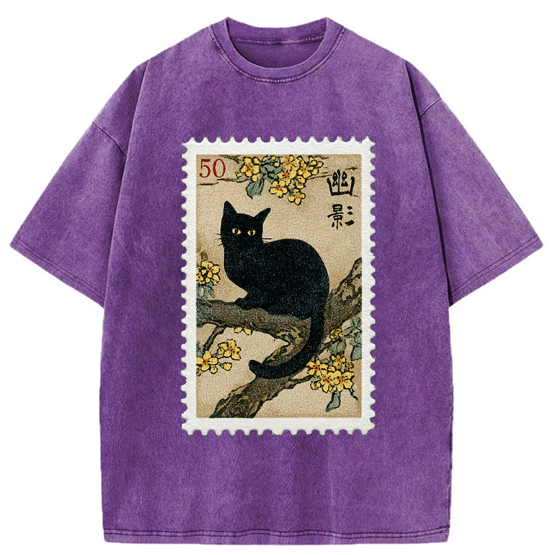 Tokyo-Tiger Golden Blossom Black Cat Post Washed T-Shirt