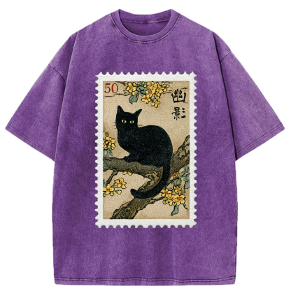 Tokyo-Tiger Golden Blossom Black Cat Post Washed T-Shirt