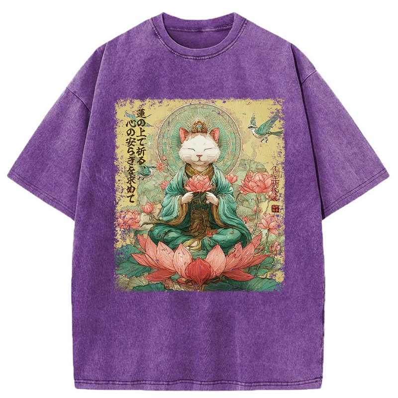 Tokyo-Tiger Lotus Whisper Cat:Calm Reflections Washed T-Shirt