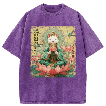Tokyo-Tiger Lotus Whisper Cat:Calm Reflections Washed T-Shirt