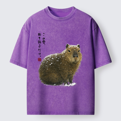 Tokyo-Tiger Snow Adorns Me: Capybara Serenity Washed T-Shirt