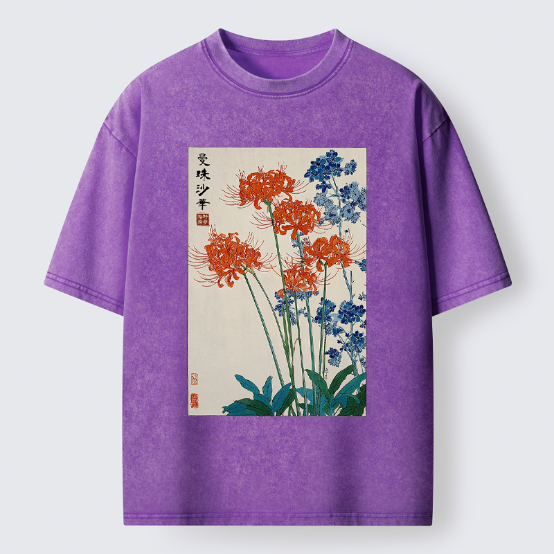 Tokyo-Tiger Red Spider Lily Bloom Washed T-Shirt