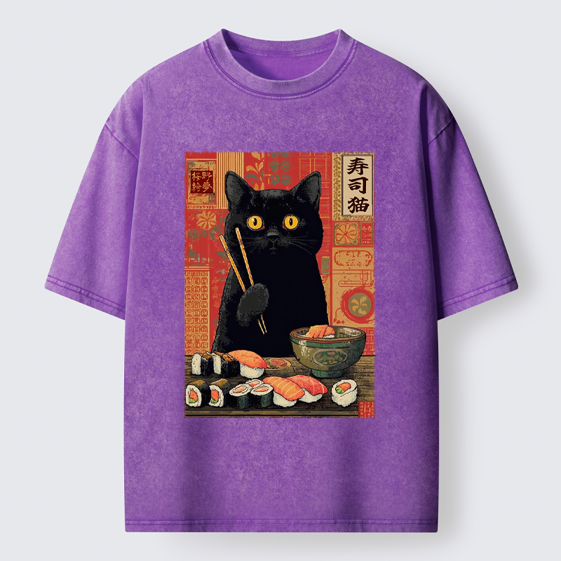 Tokyo-Tiger Neko Eats Sushi Washed T-Shirt