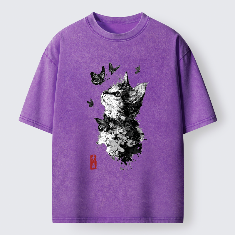 Tokyo-Tiger Butterfly and Cat Gaze Washed T-Shirt