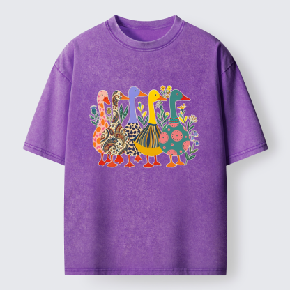Tokyo-Tiger Whimsical Folk-Art Goose Quintet Washed T-Shirt