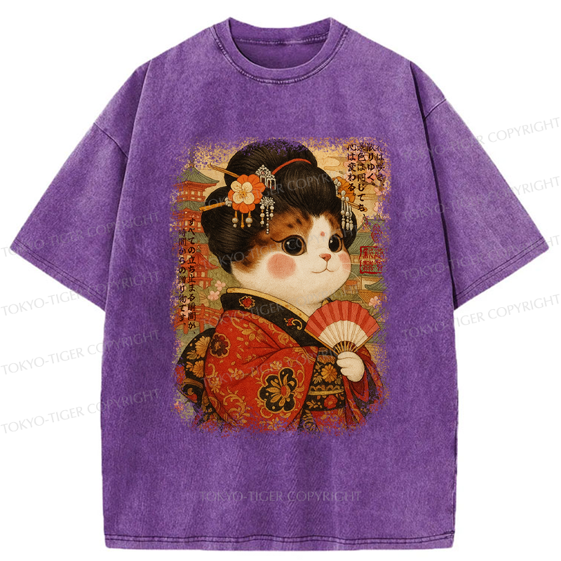 Tokyo-Tiger Ukiyoe Japanese Cat Princess Washed T-Shirt