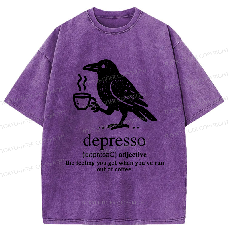 Tokyo-Tiger Funny  Crow Coffee Depresso Woodblock Washed T-Shirt