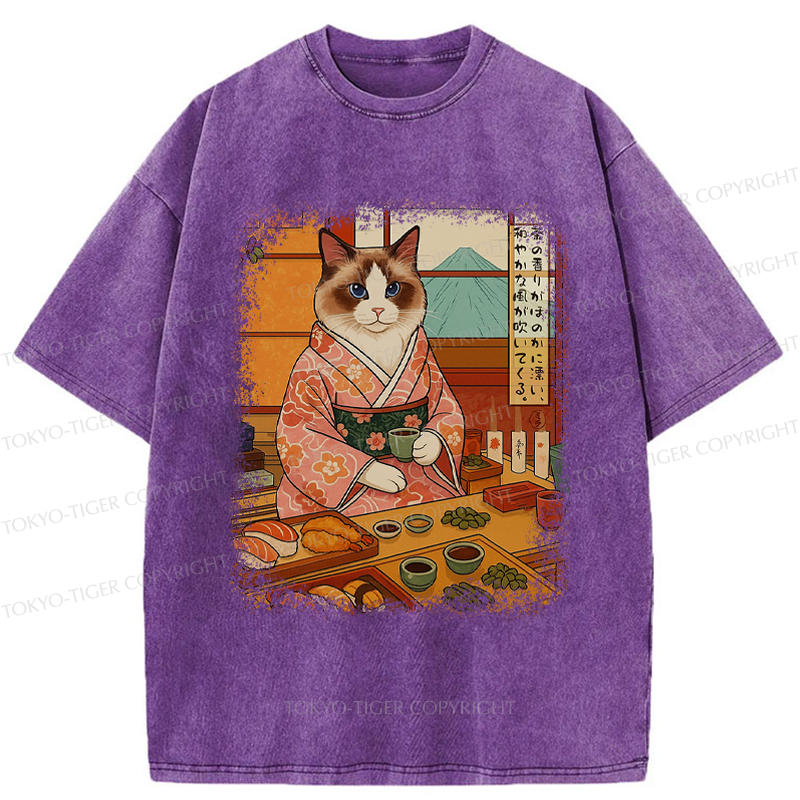 Tokyo-Tiger Ukiyoe Japanese Cat Princess Teahouse Washed T-Shirt