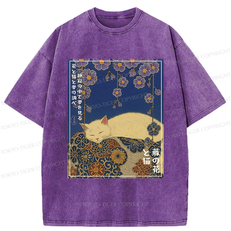 Tokyo-Tiger Ukiyoe Wisteria Flowers and Cats Washed T-Shirt