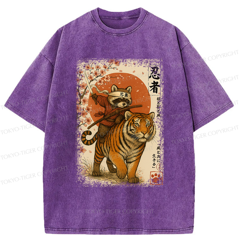 Tokyo-Tiger Ukiyoe Raccoon Samurai Riding a Tiger Washed T-Shirt