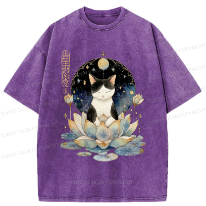 Tokyo-Tiger Funny Cat Lotus Zen Auspiciousness Washed T-Shirt