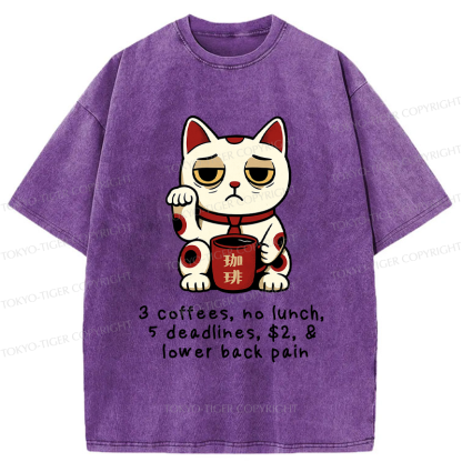 Tokyo-Tiger Funny Workaholic Lucky Cat Washed T-Shirt