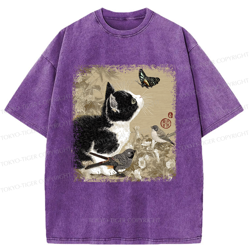 Tokyo-Tiger Cat and Butterfly: A Playful Encounter Washed T-Shirt