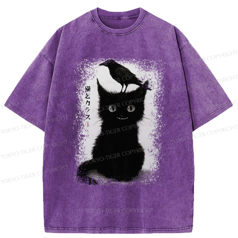 Tokyo-Tiger Funny Cat And Crow Washed T-Shirt