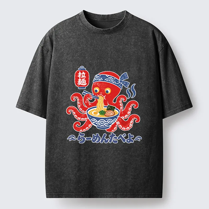 Tokyo-Tiger Vintage Octopus Eating Ramen Washed T-Shirt