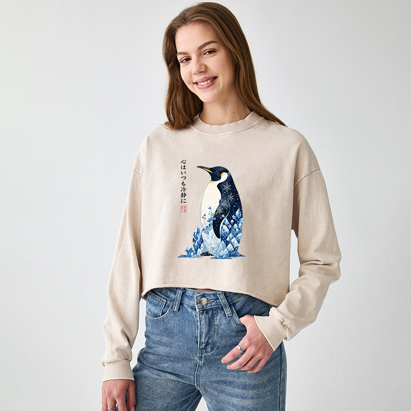 Tokyo-Tiger Keep Calm Penguin Washed Crop Sweatshirt