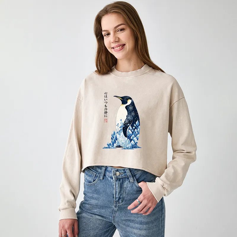 Tokyo-Tiger Keep Calm Penguin Washed Crop Sweatshirt