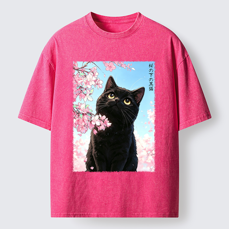 Tokyo-Tiger Japanese Sakura Black Cat Washed T-Shirt
