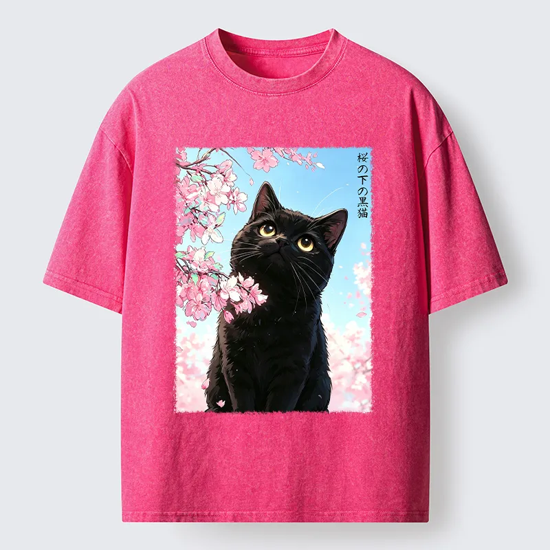 Tokyo-Tiger Japanese Sakura Black Cat Washed T-Shirt