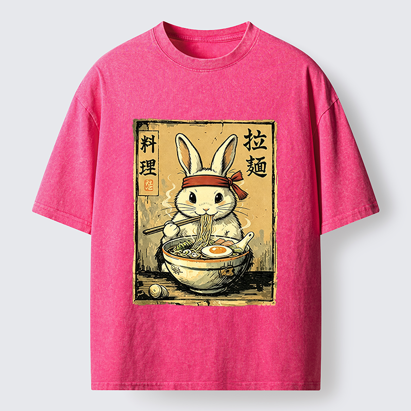Tokyo-Tiger Cute Rabbit Eating Ramen Washed T-Shirt
