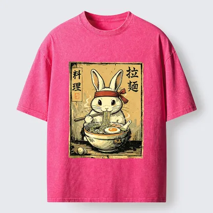 Tokyo-Tiger Cute Rabbit Eating Ramen Washed T-Shirt