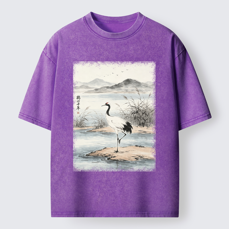 Tokyo-Tiger Serene Oriental Crane Art Washed T-Shirt