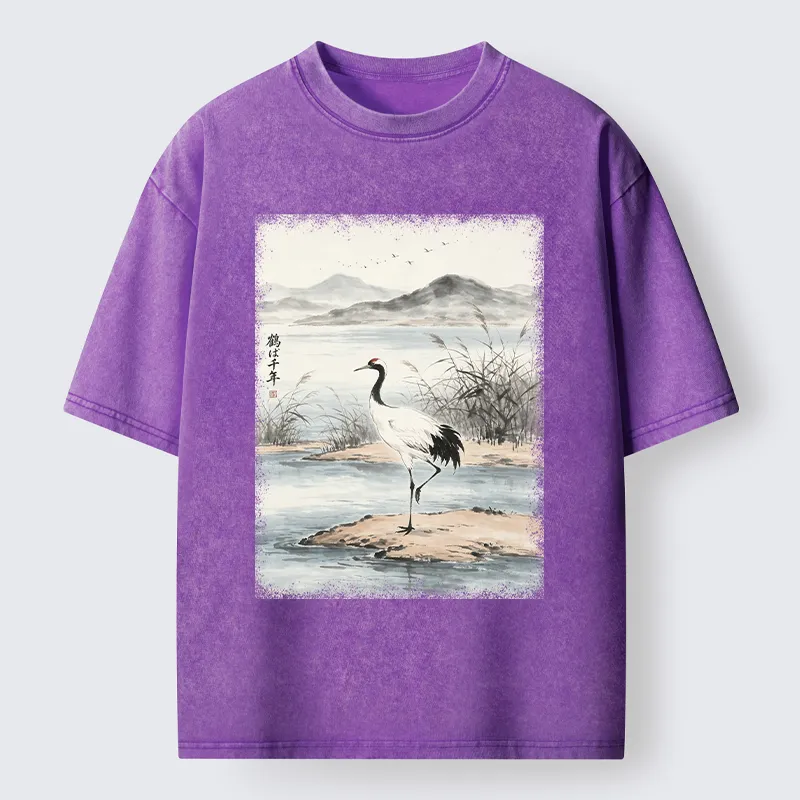 Tokyo-Tiger Serene Oriental Crane Art Washed T-Shirt