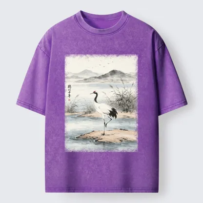 Tokyo-Tiger Serene Oriental Crane Art Washed T-Shirt