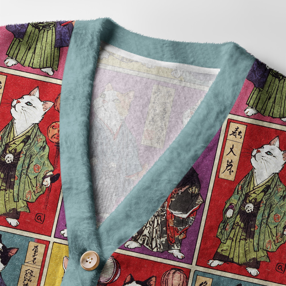 Tokyo-Tiger Vintage Samurai Cat Ugly Cardigan Sweater