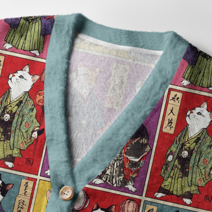 Tokyo-Tiger Vintage Samurai Cat Ugly Cardigan Sweater