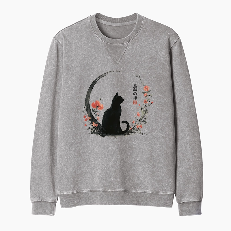 Tokyo-Tiger Black Cat And Flowers Washed Terry Sweatshirt