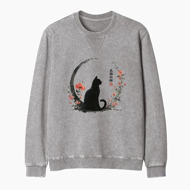 Tokyo-Tiger Black Cat And Flowers Washed Terry Sweatshirt