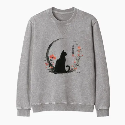 Tokyo-Tiger Black Cat And Flowers Washed Terry Sweatshirt