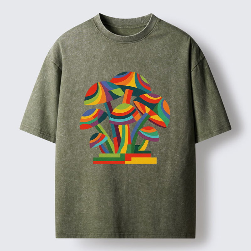 Tokyo-Tiger Retro Rainbow Mushroom Art Washed T-Shirt