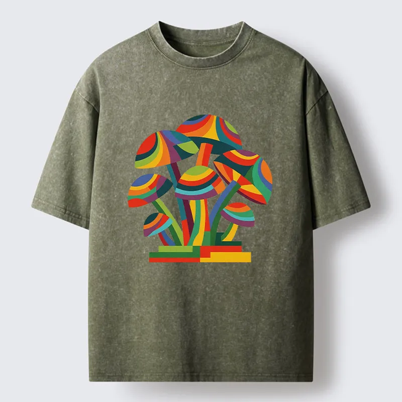 Tokyo-Tiger Retro Rainbow Mushroom Art Washed T-Shirt